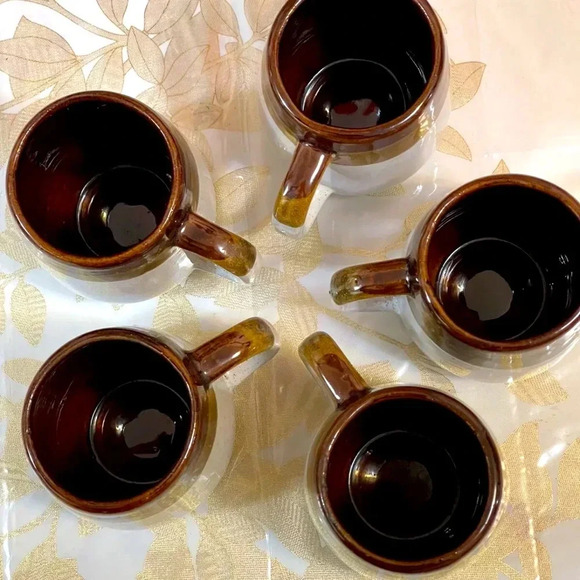 VINTAGE Set Of 5  Old Clay Pottery Mugs/ Cups Glazed Beige Brown Handmade Taiwan - Picture 2 of 7